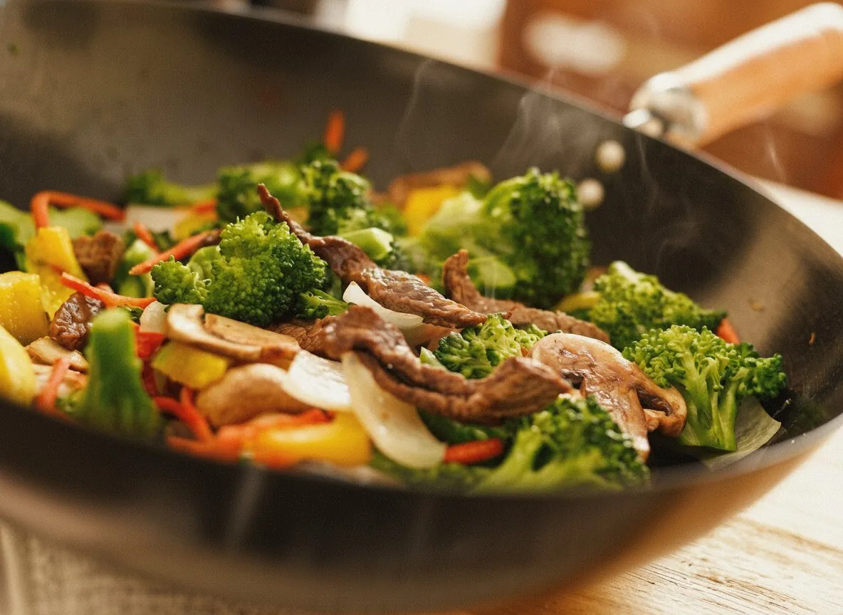 Wok de gambas con verduras